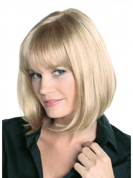 Classic Blonde Chin Length Bob Real Hair Wig with Full Bangs