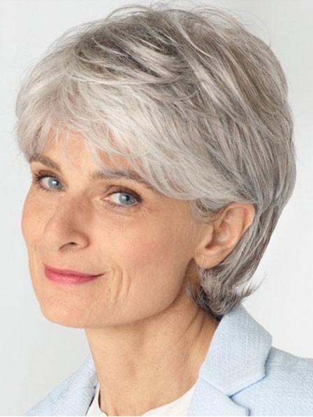 Old Ladies Synthetic Grey Wig With Side Bangs