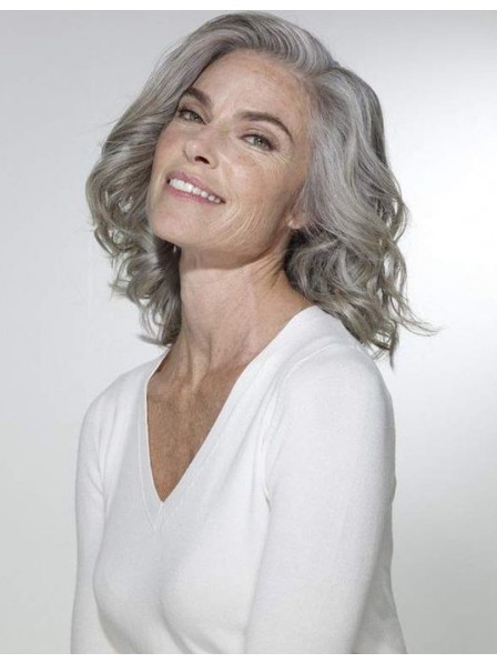 Natural Wavy Shoulder Length Ladies Grey Hair Wig