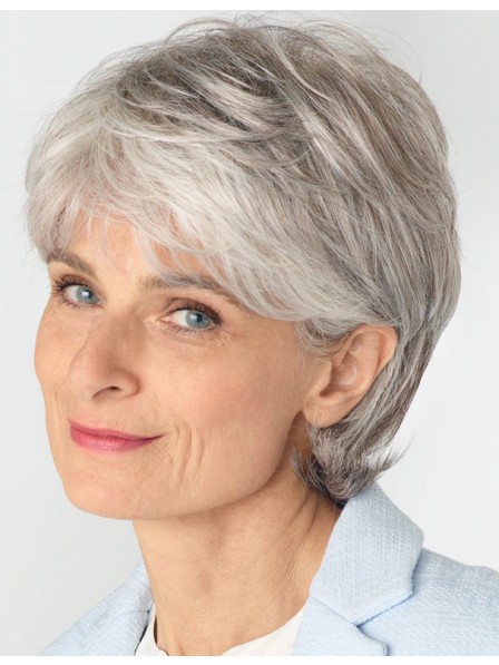 Old Ladies Synthetic Grey Wig With Side Bangs