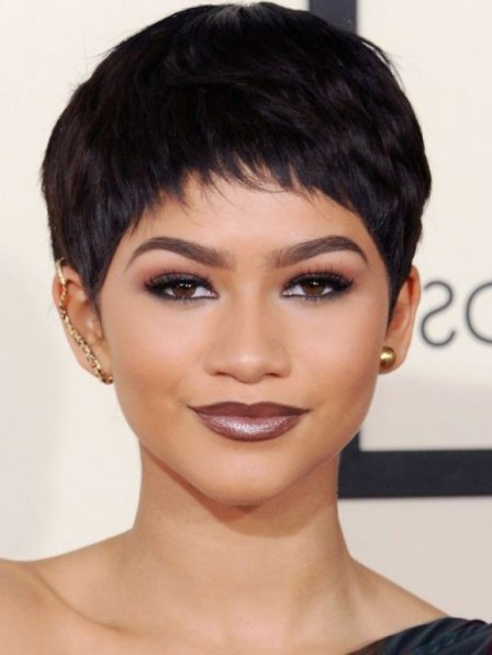Pixie Cut Black Capless Human Hair Celebrity Wigs With Bangs