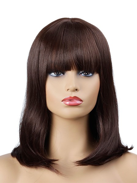 Medium Length Brown Wigs with Bangs