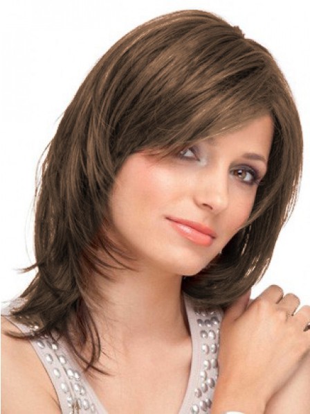 Lace Front Human Hair Layered Wig With Side Bangs