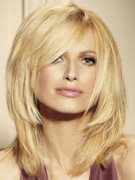Plain Layered Straight Lace Front  Human Hair Wig With Side Bangs