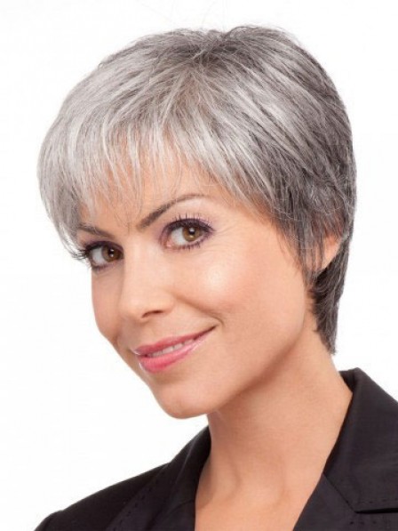 Short Lace Front Monofilament Grey Wig With Bangs