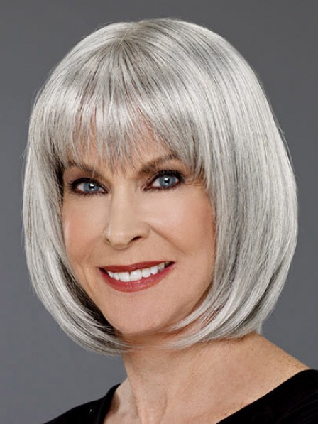 Grey Bob Straight Hair Wig For Women Over 40, Chin Length Wigs, Capless