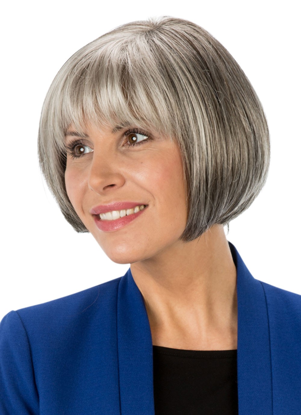 Classic Chin Length Salt and Pepper Bob Wig with Full Bangs, Chin