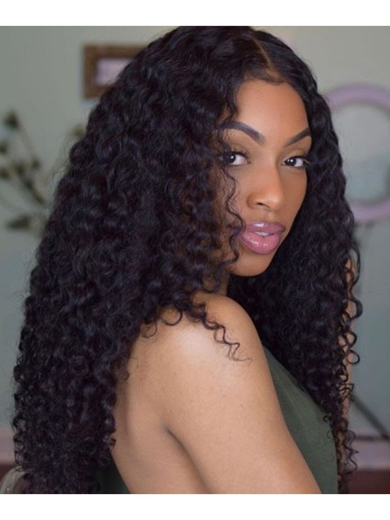 Popular Black 18 Inch Deep Curly Lace Front Human Hair Wigs, Long Wigs